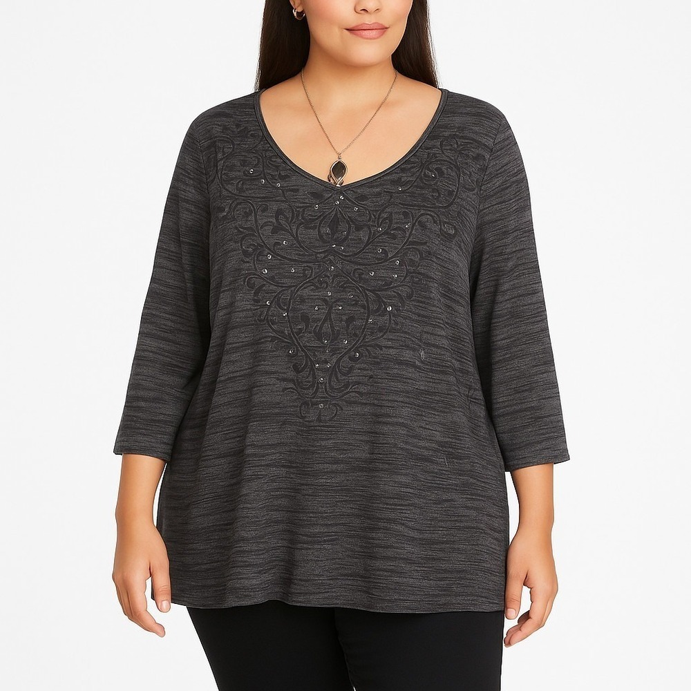Catherines Black Embellished Scroll Print Top 1X 18/20W Sparkle Tunic Blouse
